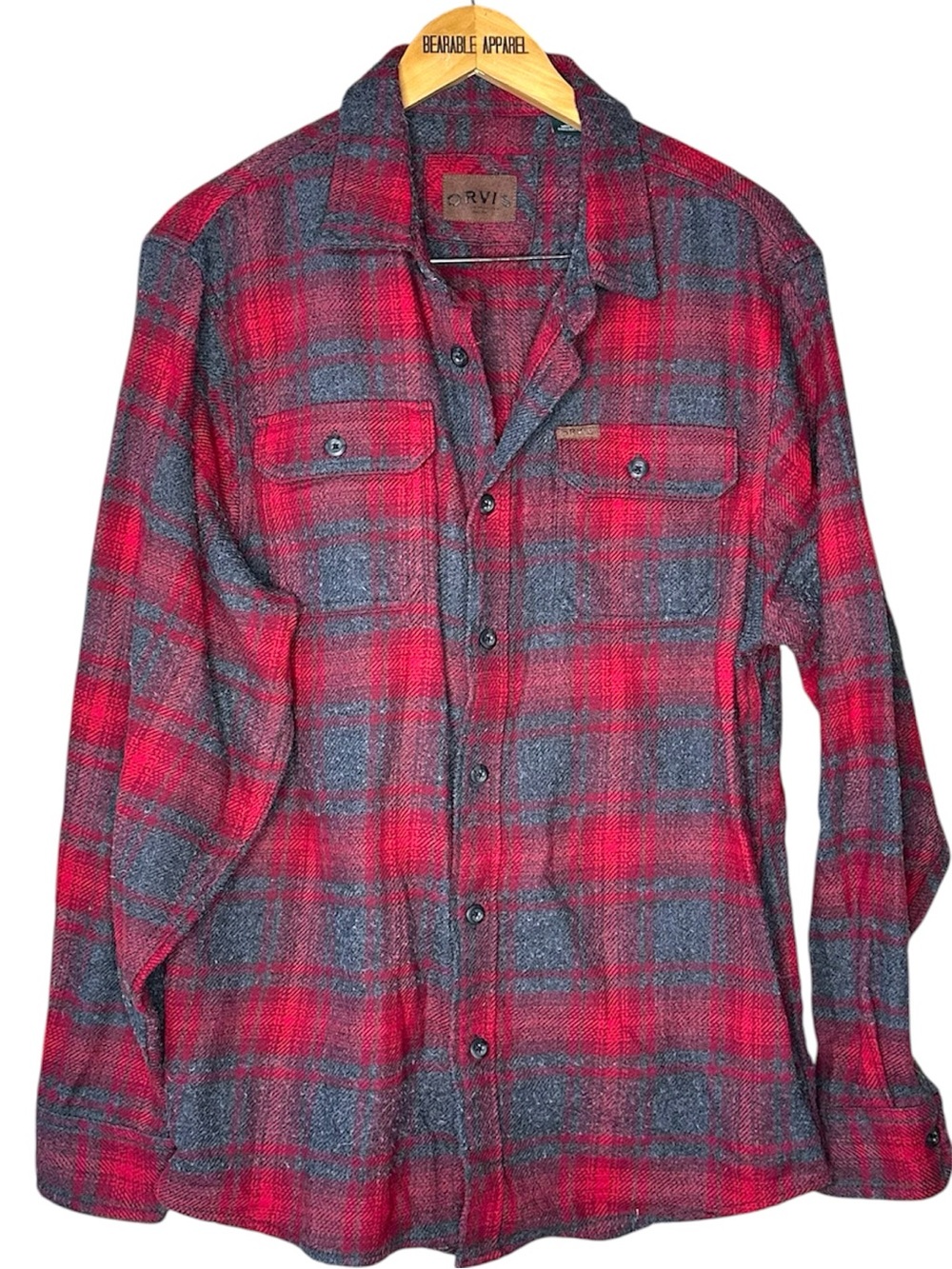 💚 Orvis Plaid Flannel Shirt Mens Large Red Gray Button Front Outdoors Lumberjack